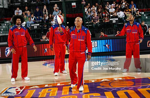 Curly Neal and other Harlem Globetrotter members entertain the fans on center court during NBA Jam Session Presented by Adidas on February 12, 2009...