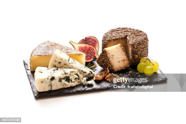 cheeses board on white background - cheese plate stock pictures, royalty-free photos & images