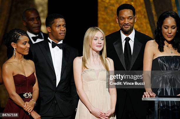 Executive producer Jada Pinkett Smith, actor Nate Parker, actress Dakota Fanning, actor Will Smith and writer/director Gina Prince-Bythewood accept...