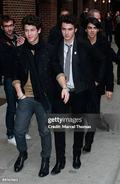 The Jonas Brothers visits "Late Show with David Letterman" at the Ed Sullivan Theater on February 12, 2009 in New York City.