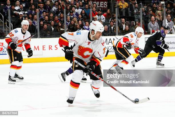 Todd Bertuzzi of the Calgary Flames handles the puck during a game against the Los Angeles Kings on February 12, 2009 at Staples Center in Los...