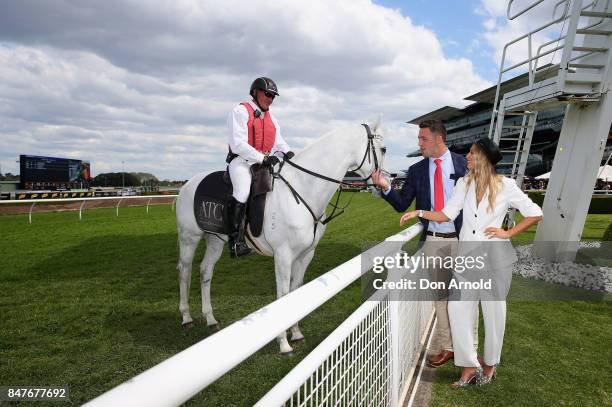 Sam Burgess and Phoebe Burgess attend Colgate Optic White Stakes Day at Royal Randwick Racecourse on September 16, 2017 in Sydney, Australia.