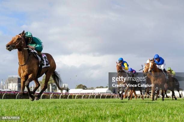 Damian Lane riding Humidor winning Race 7, PFD Food Services Makybe Diva Stakes during Melbourne Racing at Flemington Racecourse on September 16,...