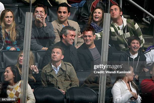 Singer Michael Buble watches a game between the Calgary Flames and the Los Angeles Kings on February 12, 2009 at Staples Center in Los Angeles,...
