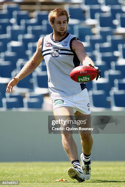 Tom Lonergan of the Cats kicks for goal during a Geelong Cats Intra-Club Match at Skilled Stadium on February 13, 2009 in Melbourne, Australia.