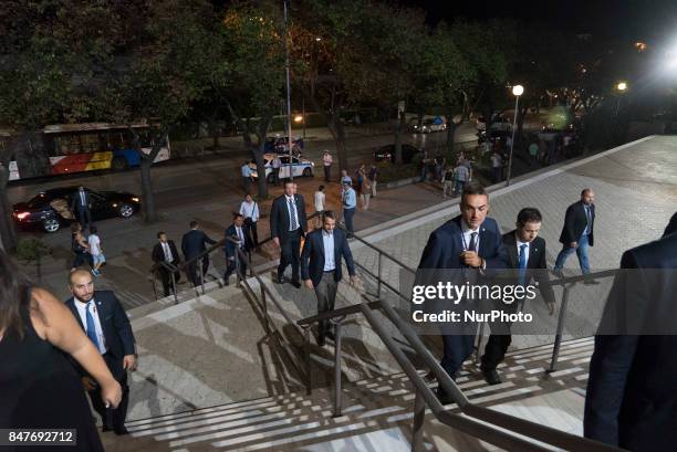 Opposition leader Kyriakos Mitsotakis of the conservative Greek political party New Democracy at the convention hall in Thessaloniki, Greece, during...