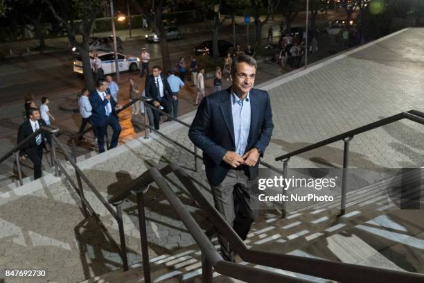 Opposition leader Kyriakos Mitsotakis of the conservative Greek political party New Democracy at the convention hall in Thessaloniki, Greece, during...