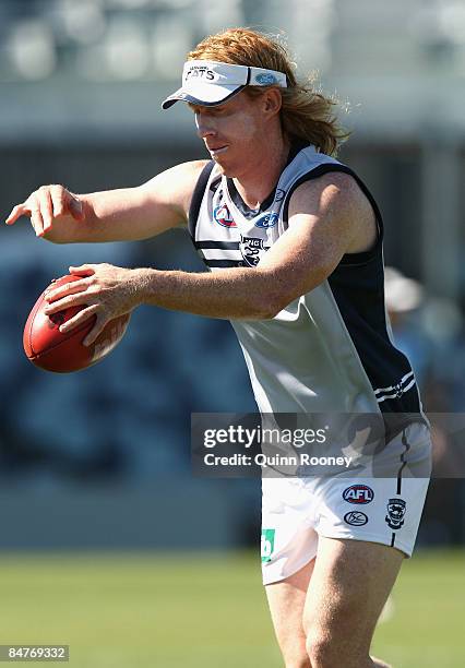 Cameron Ling of the Cats kicks for goal during a Geelong Cats Intra-Club Match at Skilled Stadium on February 13, 2009 in Melbourne, Australia.