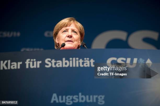 Angela Merkel speaks during an election campaign stop on September 12, 2017 in Augsburg, Germany. Merkel is seeking a fourth term in federal...