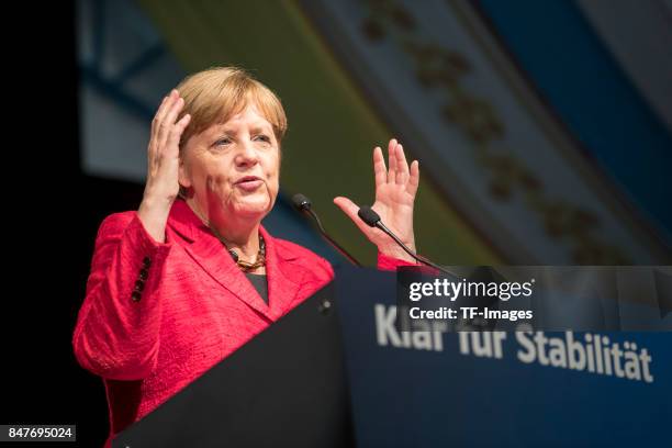 Angela Merkel speaks during an election campaign stop on September 12, 2017 in Augsburg, Germany. Merkel is seeking a fourth term in federal...