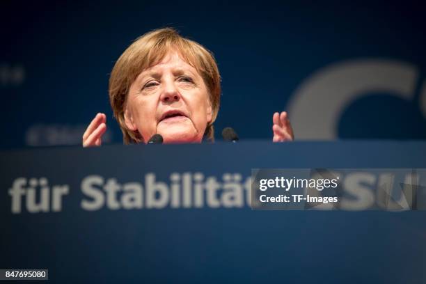 Angela Merkel speaks during an election campaign stop on September 12, 2017 in Augsburg, Germany. Merkel is seeking a fourth term in federal...