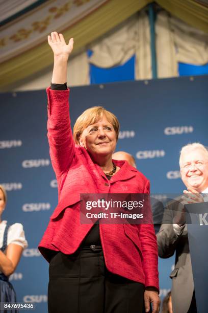 Angela Merkel gestures during an election campaign stop on September 12, 2017 in Augsburg, Germany. Merkel is seeking a fourth term in federal...