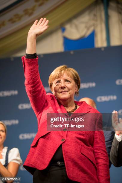 Angela Merkel gestures during an election campaign stop on September 12, 2017 in Augsburg, Germany. Merkel is seeking a fourth term in federal...