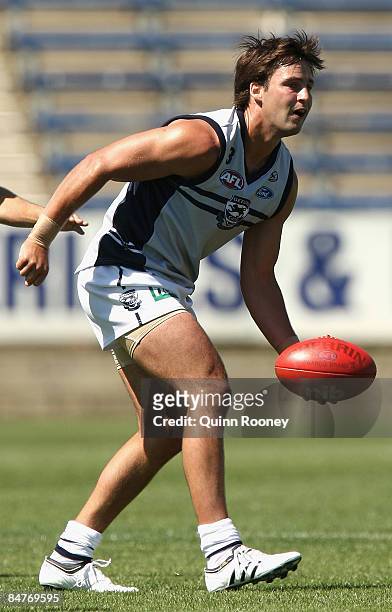 Jimmy Bartel of the Cats handballs during a Geelong Cats Intra-Club Match at Skilled Stadium on February 13, 2009 in Melbourne, Australia.