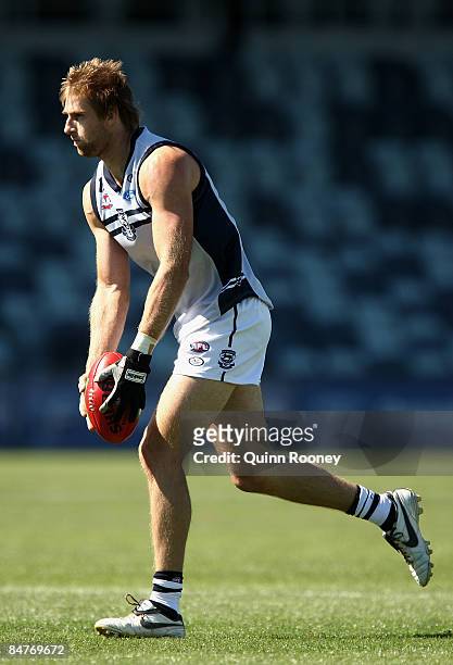 Tom Lonergan of the Cats kicks for goal during a Geelong Cats Intra-Club Match at Skilled Stadium on February 13, 2009 in Melbourne, Australia.