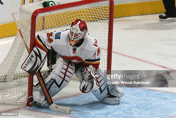 Miikka Kiprusoff of the Calgary Flames defends the goal against the Los Angeles Kings on February 12, 2009 at Staples Center in Los Angeles,...