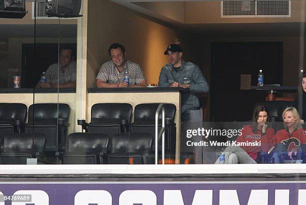 Actor Vince Vaughn watches a game between the Calgary Flames and the Los Angeles Kings on February 12, 2009 at Staples Center in Los Angeles,...