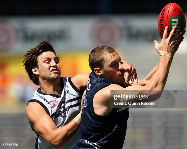 James Kelly of the Cats marks infront of Jimmy Bartel during a Geelong Cats Intra-Club Match at Skilled Stadium on February 13, 2009 in Melbourne,...