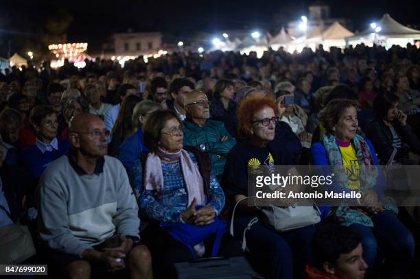 Public listens to Italian politician Matteo Renzi, Secretary of the Democratic Party during the "Festa dell'Unità" in Rome, Italy on September 14,...