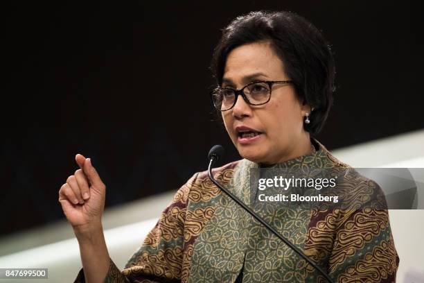 Mulyani Indrawati, Indonesia's finance minister, speaks at the Singapore Summit in Singapore, on Saturday, Sept. 16, 2017. Indonesia's central bank...