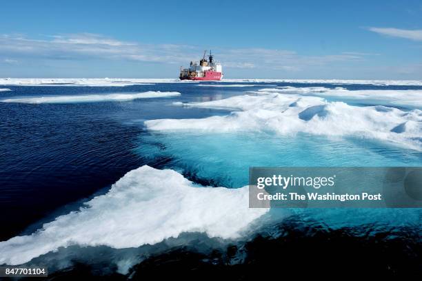 Ice floes surround the U.S. Coast Guard Cutter Healy in the Arctic Ocean on July 29, 2017. The cutter is the largest icebreaker in the Coast Guard...
