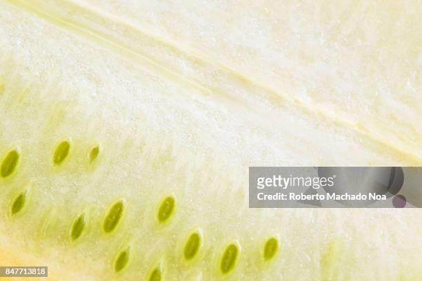 healthy food: yellow zucchini, macro details of the interior including the flesh and seeds of the vegetable - squash seeds stock-fotos und bilder