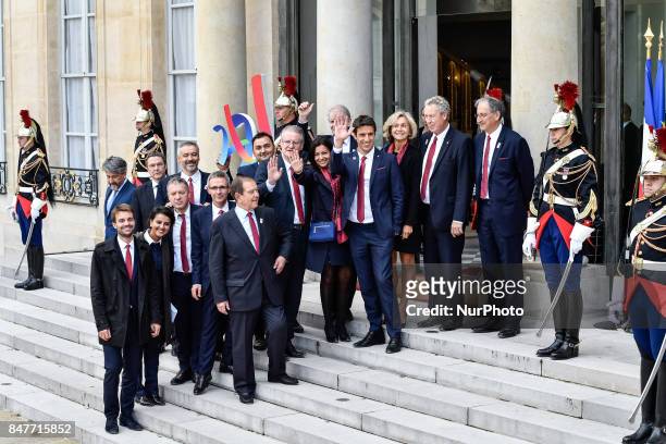 The french delegation poses before the ceremony to celebrate the Olympic Games 2024 in Paris at Elysee Palace on September 15, 2017 in Paris, France....