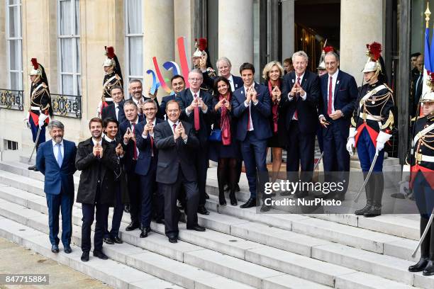 The french delegation poses before the ceremony to celebrate the Olympic Games 2024 in Paris at Elysee Palace on September 15, 2017 in Paris, France....