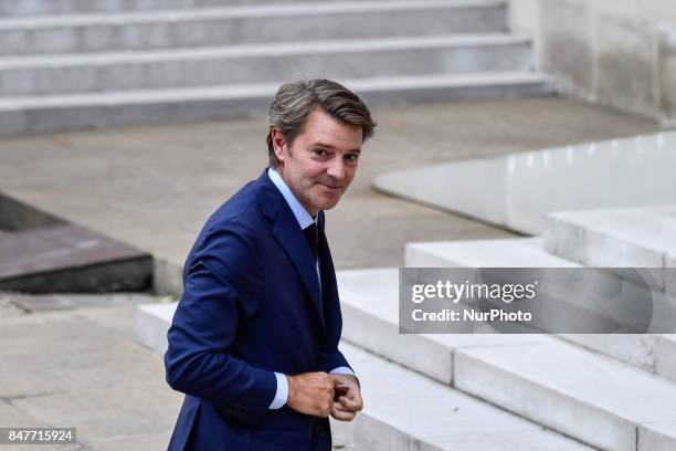 Francois Baroin leaves the Elysee Palace in Paris after a ceremony to celebrate Paris' coronation as host of the 2024 Olympics Games on September 15,...