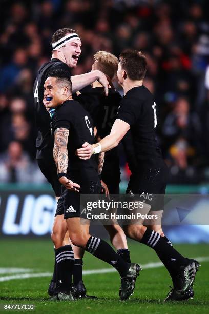 Brodie Retallick of the All Blacks celebrates after scroing a try with Aaron Smith, Damian McKenzie and Beauden Barrett during the Rugby Championship...