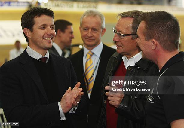 Crown Prince Frederik of Denmark chats to Danish National Coach Lars Bonde at the UCI Track World Cup V on February 13, 2009 in Copenhagen, Denmark.