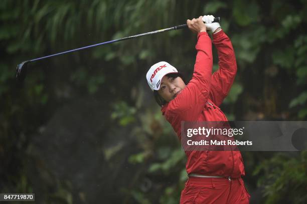 Shiho Oyama of Japan hits her tee shot on the 5th hole during the second round of the Munsingwear Ladies Tokai Classic 2017 at the Shin Minami Aichi...