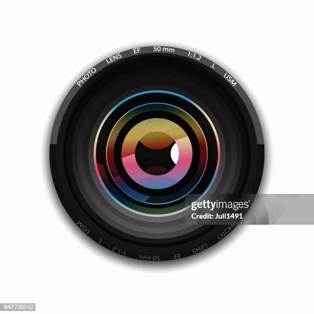 realistic camera lens on white background - photo messaging stock illustrations