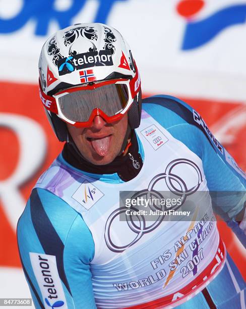 Aksel Lund Svindal of Norway reacts in the finish area after skiing during the Men's Giant Slalom event held on the Face de Bellevarde course on...