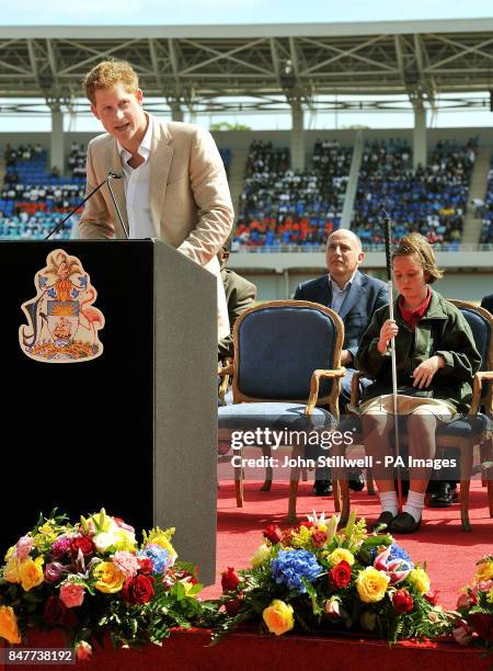 Prince Harry addresses the crowd at the youth Rally in the National Athletics Stadium, in Nassau the capital of The Bahamas.