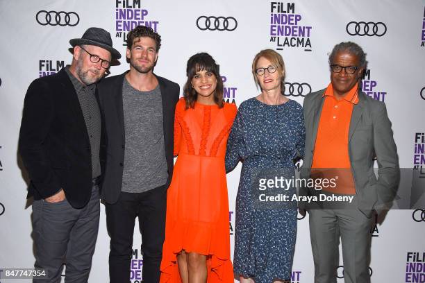 Jonathan Dayton, Austin Stowell, Natalie Morales, Valerie Faris and Elvis Mitchell attend the Film Independent at LACMA screening and Q+A of "Battle...