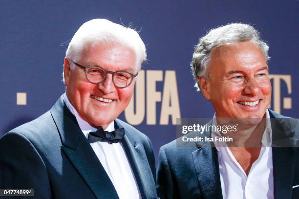 Frank-Walter Steinmeier, federal president of Germany and Nico Hofmann, CEO UFA attend the UFA 100th anniversary celebration at Palais am Funkturm on...