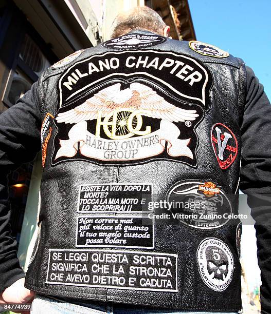 Man displays his jacket during the Lady Of Harley Davidson - Charity Calendar Presentation held at Degu's on February 13, 2009 in Milan, Italy.