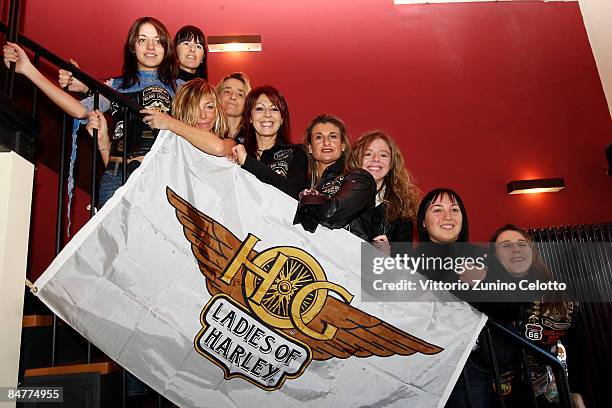 Models pose during the Lady Of Harley Davidson - Charity Calendar Presentation held at Degu's on February 13, 2009 in Milan, Italy.