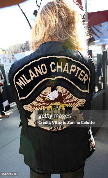 Model displays her jacket during the Lady Of Harley Davidson - Charity Calendar Presentation held at Degu's on February 13, 2009 in Milan, Italy.