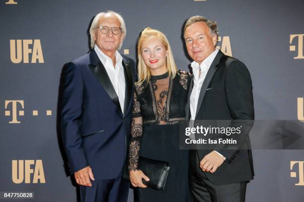 Wolf Bauer, producer and CEO UFA, German actress Nadja Uhl and Nico Hofmann, CEO UFA attend the UFA 100th anniversary celebration at Palais am...
