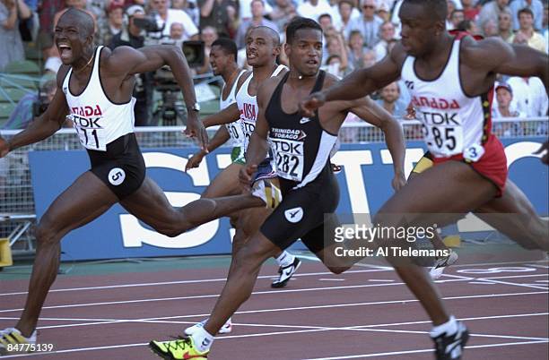5th IAAF World Championships: Canada Donovan Bailey victorious, crossing finish line and winning Men's 100M race at Ullevi Stadium. Gothenburg,...