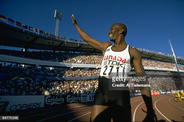 5th IAAF World Championships: Canada Donovan Bailey victorious after winning Men's 100M race at Ullevi Stadium. Gothenburg, Sweden 8/4/1995 CREDIT:...