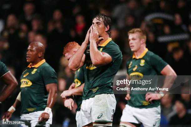 Eben Etzebeth of South Africa reacts during the Rugby Championship match between the New Zealand All Blacks and the South African Springboks at QBE...