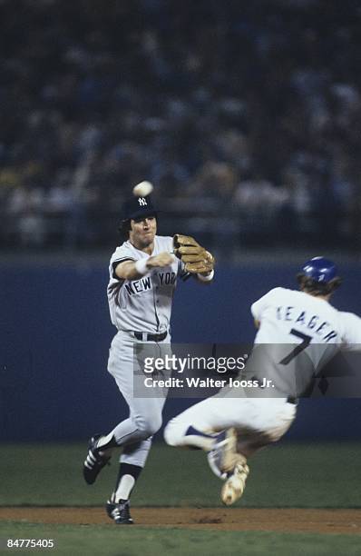 World Series: New York Yankees Bucky Dent in action, fielding vs Los Angeles Dodgers Steve Yeager . Game 3. Los Angeles, CA CREDIT: Walter Iooss Jr.