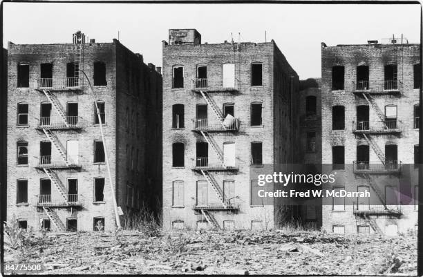 View of adandoned apartment buildings near the intersection of Charlotte Street and Seabury Place in the Bronx, New York, June 13, 1975.