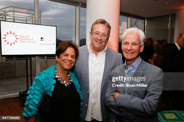 Stephanie Barron, Christopher Knight and Fernando Sarthou attend the Pacific Standard Time LA/LA Opening Celebration at the Getty Museum on September...