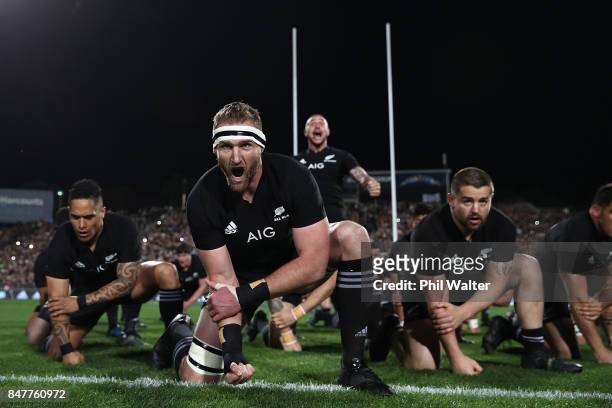 Kieran Read of the All Blacks leads the haka during the Rugby Championship match between the New Zealand All Blacks and the South African Springboks...