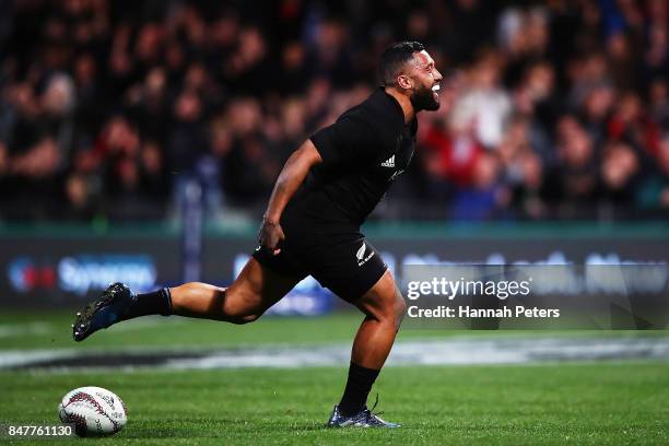 Lima Sopoaga of the All Blacks celebrates after scoring a try during the Rugby Championship match between the New Zealand All Blacks and the South...