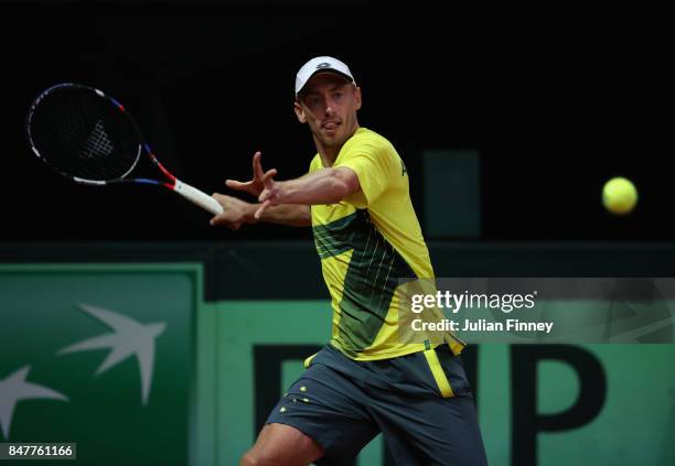 John Millman of Australia in action against David Goffin of Belgium during day one of the Davis Cup World Group semi final match between Belgium and...